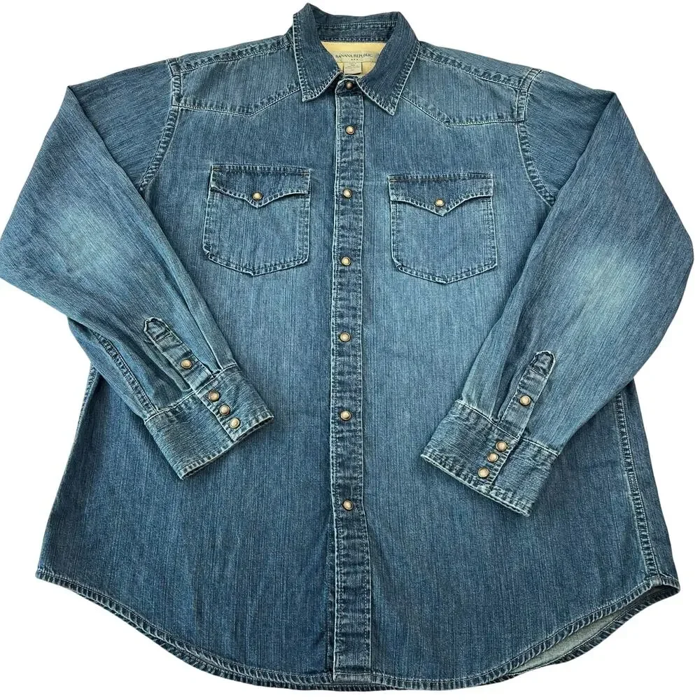 Banana Republic Denim Pearl Snap Western shirt men’s size XL Y2K